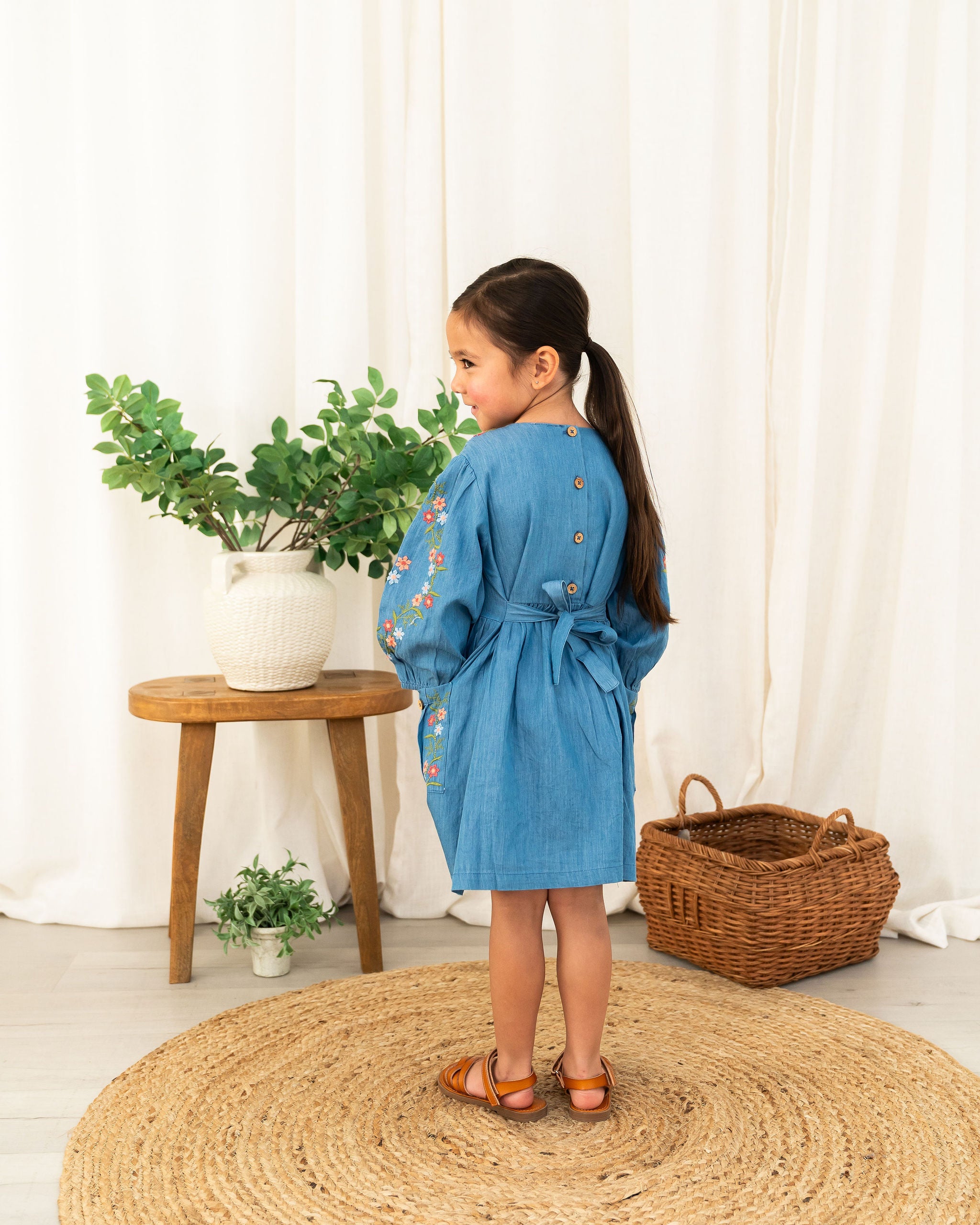 Viverano Sophie Floral Embroidered Denim Girl Dress (Organic Cotton) - Back