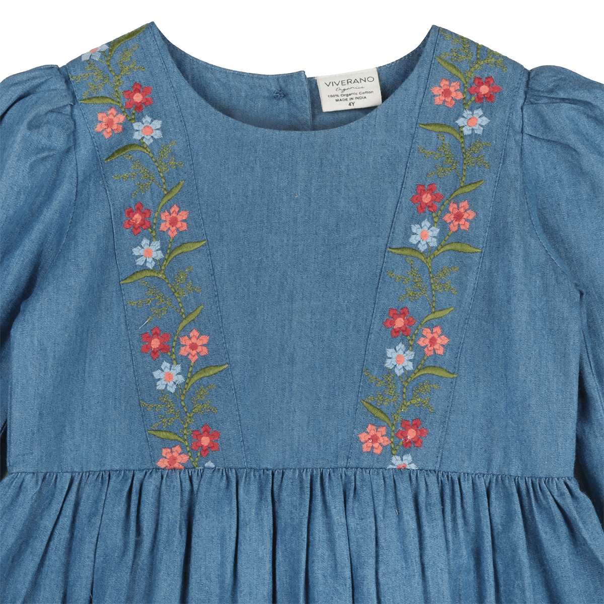 Sophie Floral Embroidered Denim Girl Dress (Organic Cotton) - Detail