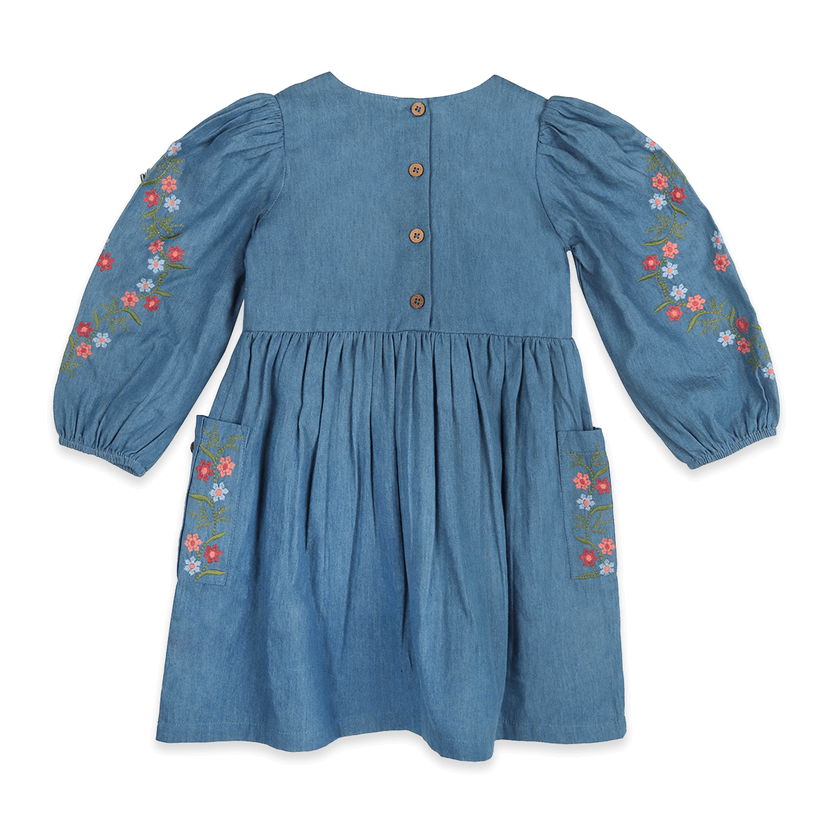 Sophie Floral Embroidered Denim Girl Dress (Organic Cotton) - Back