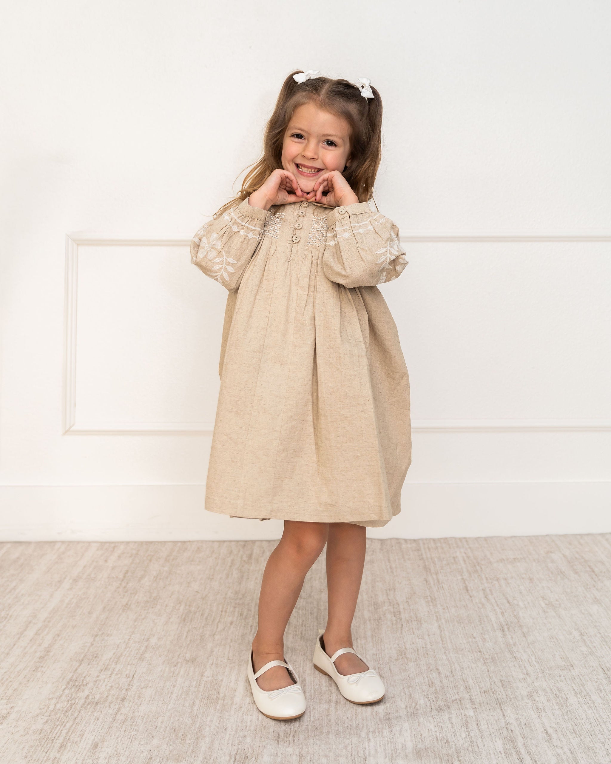 Viverano Isabel Floral Embroidered Girl Dress (Organic Linen Blend) - Front View