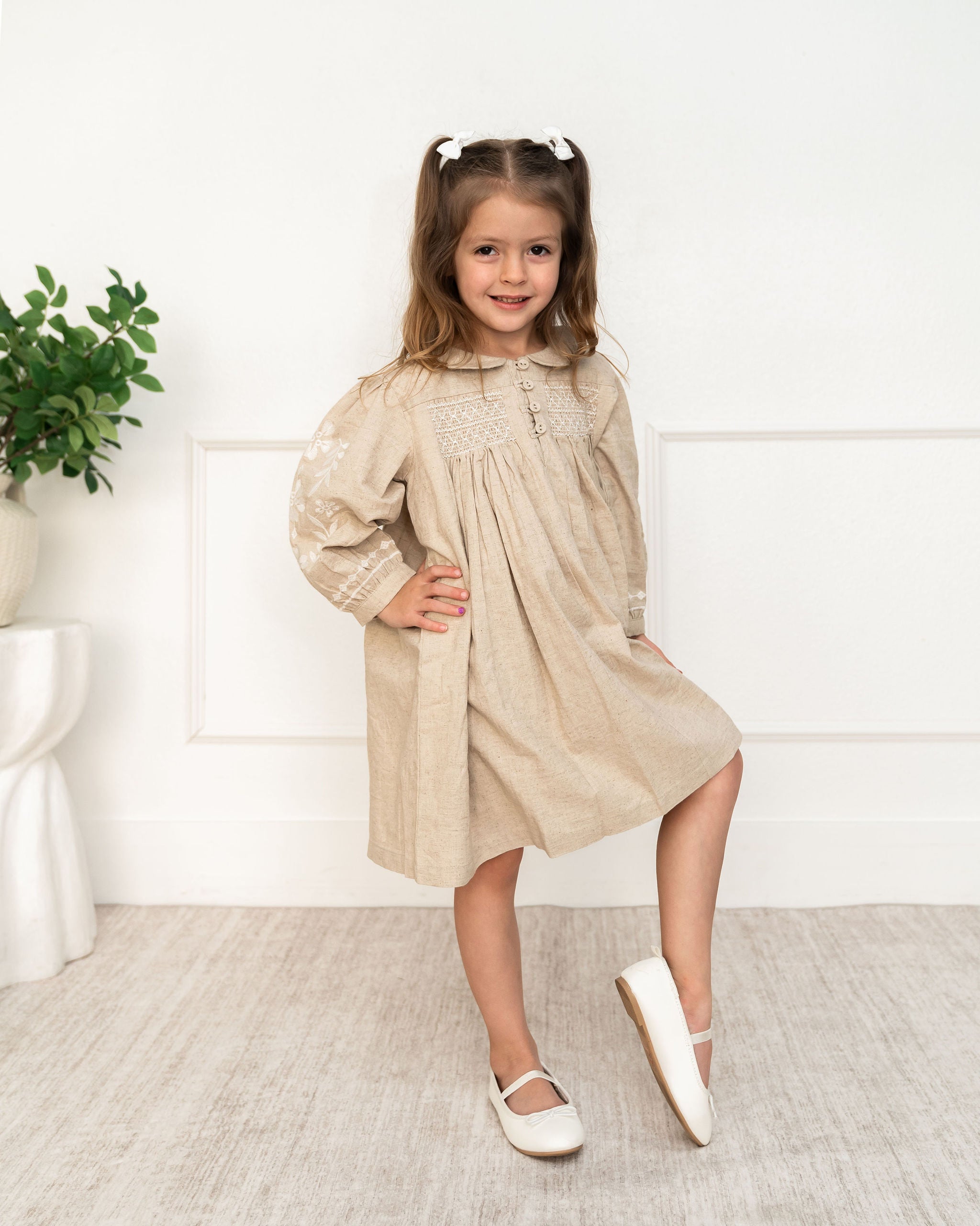 Viverano Isabel Floral Embroidered Girl Dress (Organic Linen Blend) - Front View