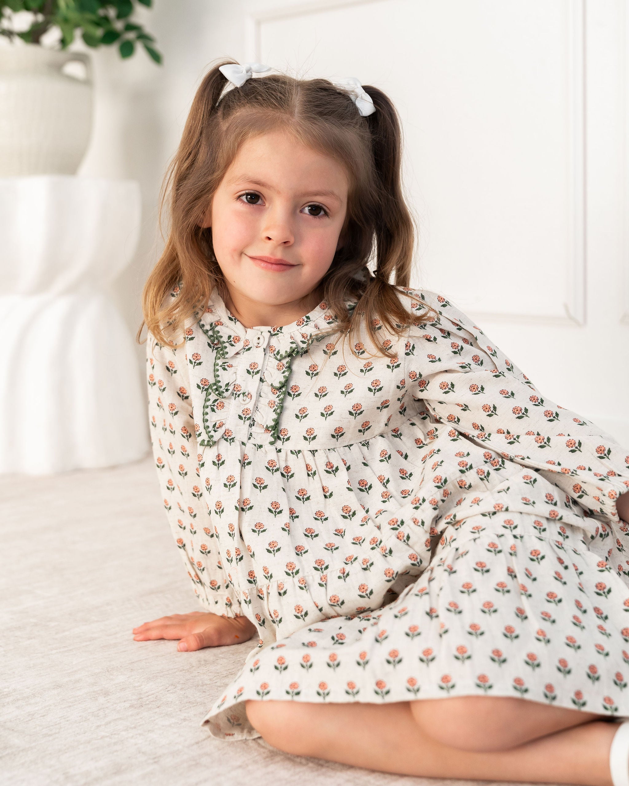 Viverano Bella Block Printed Floral Girl Dress (Organic Cotton) - Detail View