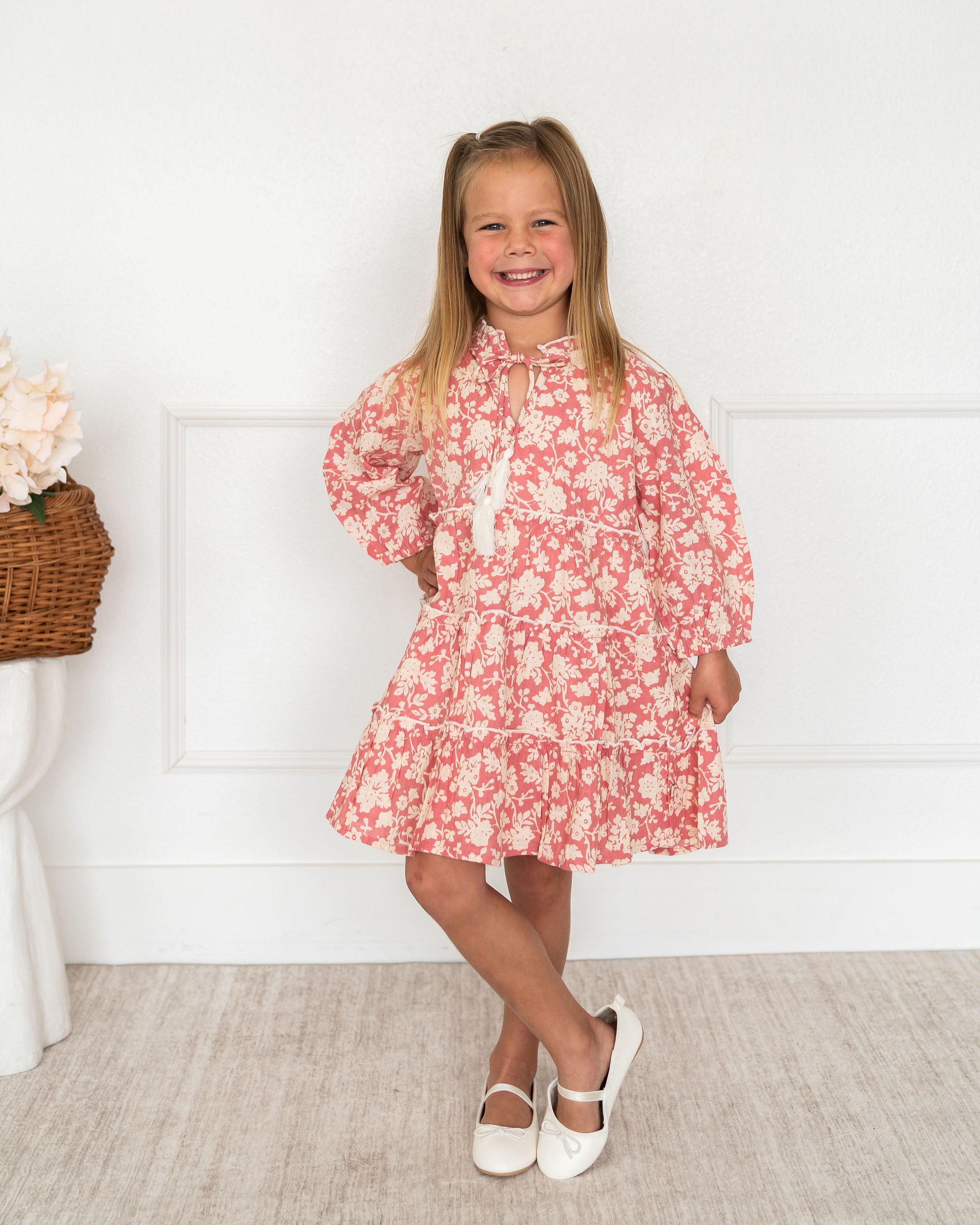 Viverano Jasmine Layered Girl Dress - Pink Floral (Organic Cotton) - Front View