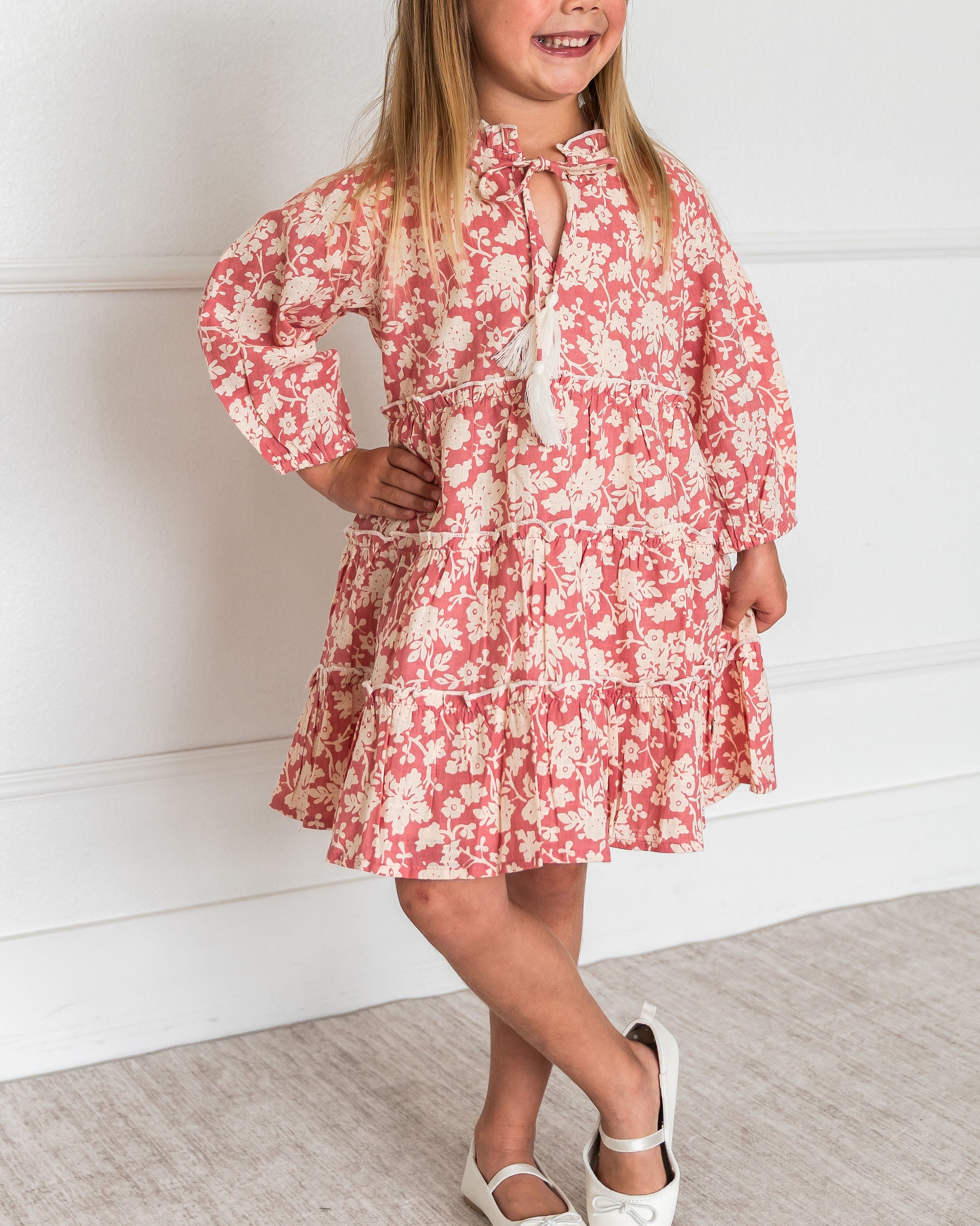 Viverano Jasmine Layered Girl Dress - Pink Floral (Organic Cotton) - Detail View