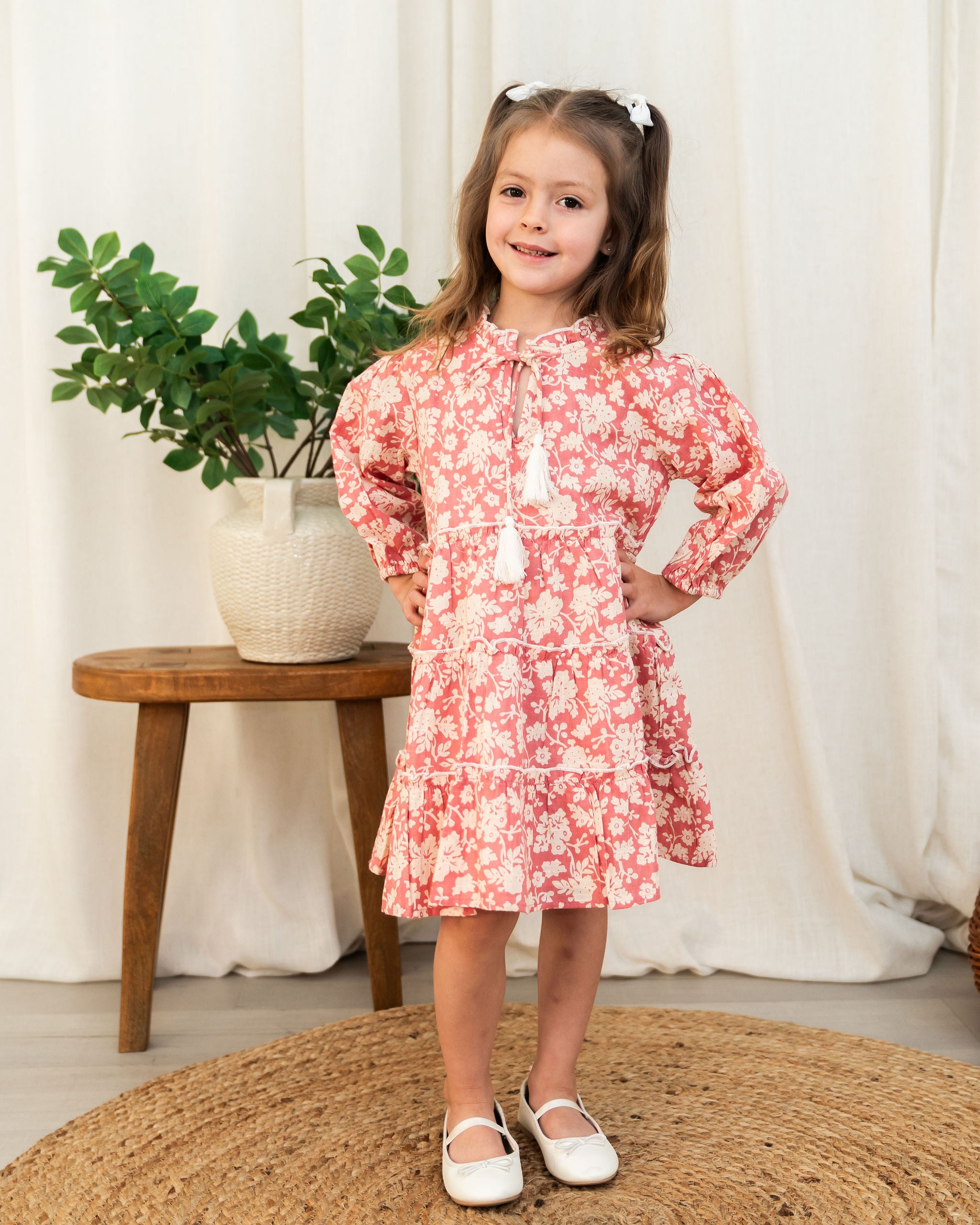 Viverano Jasmine Layered Girl Dress - Pink Floral (Organic Cotton) - Front View