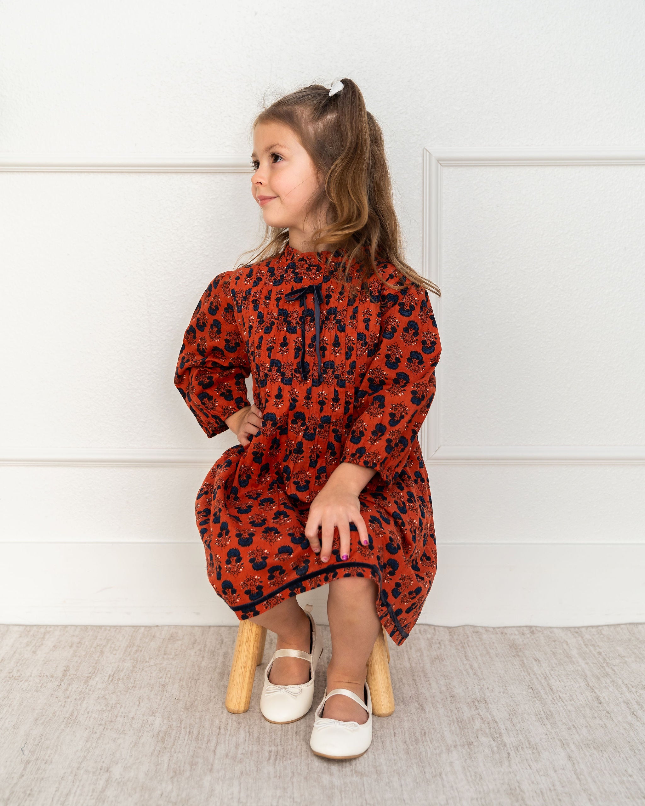 Viverano Myra Pleated Girl Dress - Terracotta (Organic Cotton) - Front