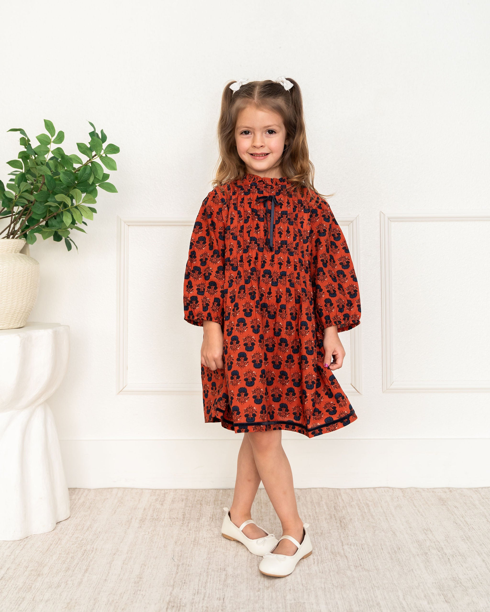 Viverano Myra Pleated Girl Dress - Terracotta (Organic Cotton) - Front