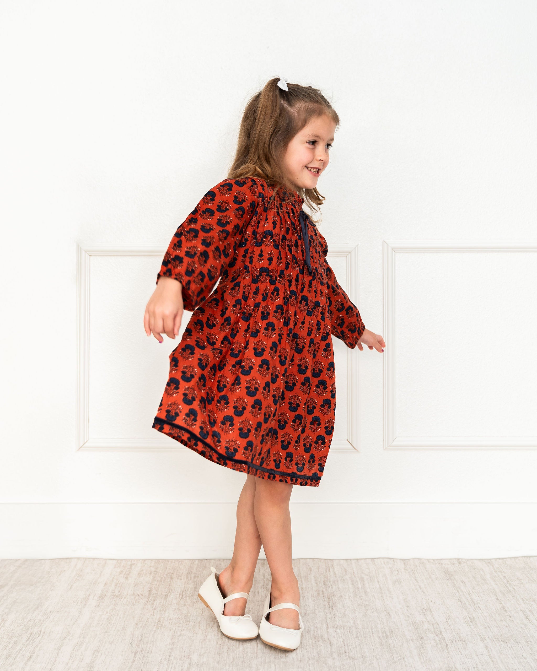 Viverano Myra Pleated Girl Dress - Terracotta (Organic Cotton) - Side View