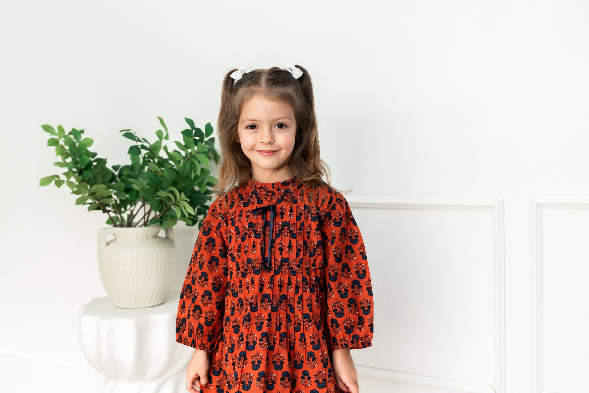 Viverano Myra Pleated Girl Dress - Terracotta (Organic Cotton) - Front 
