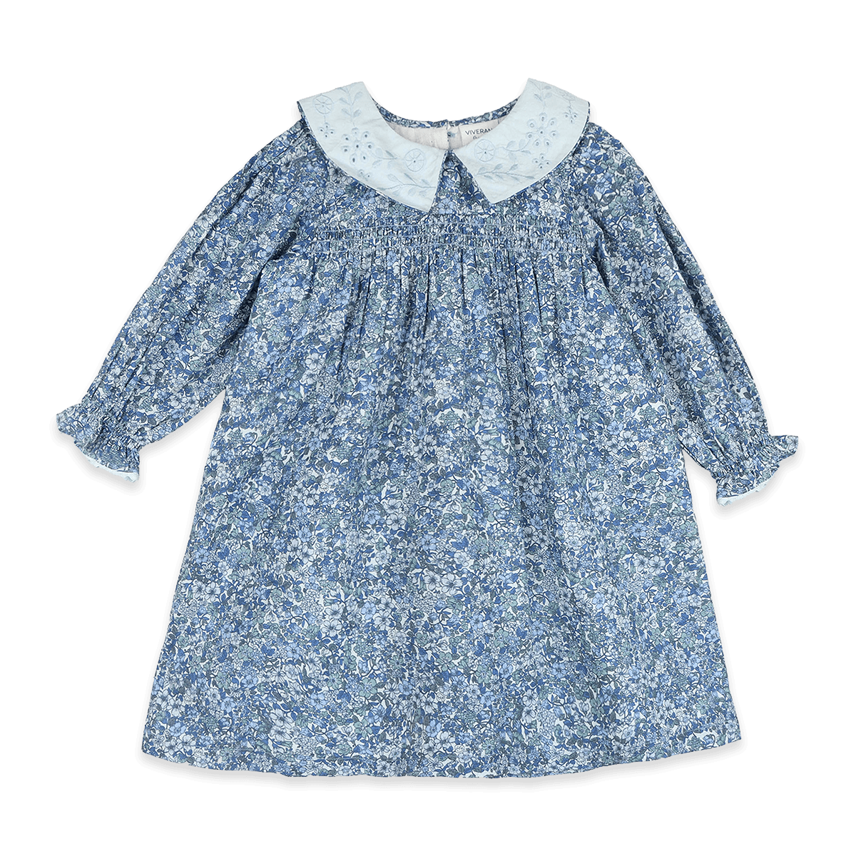 Kate Embroidered Collar Girl Dress - Blue (Organic Cotton) - Front