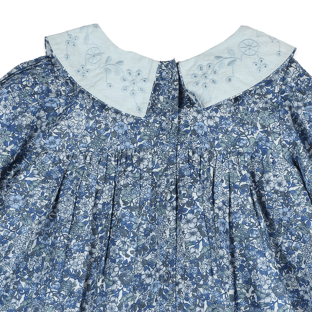 Kate Embroidered Collar Girl Dress - Blue (Organic Cotton) - Detail
