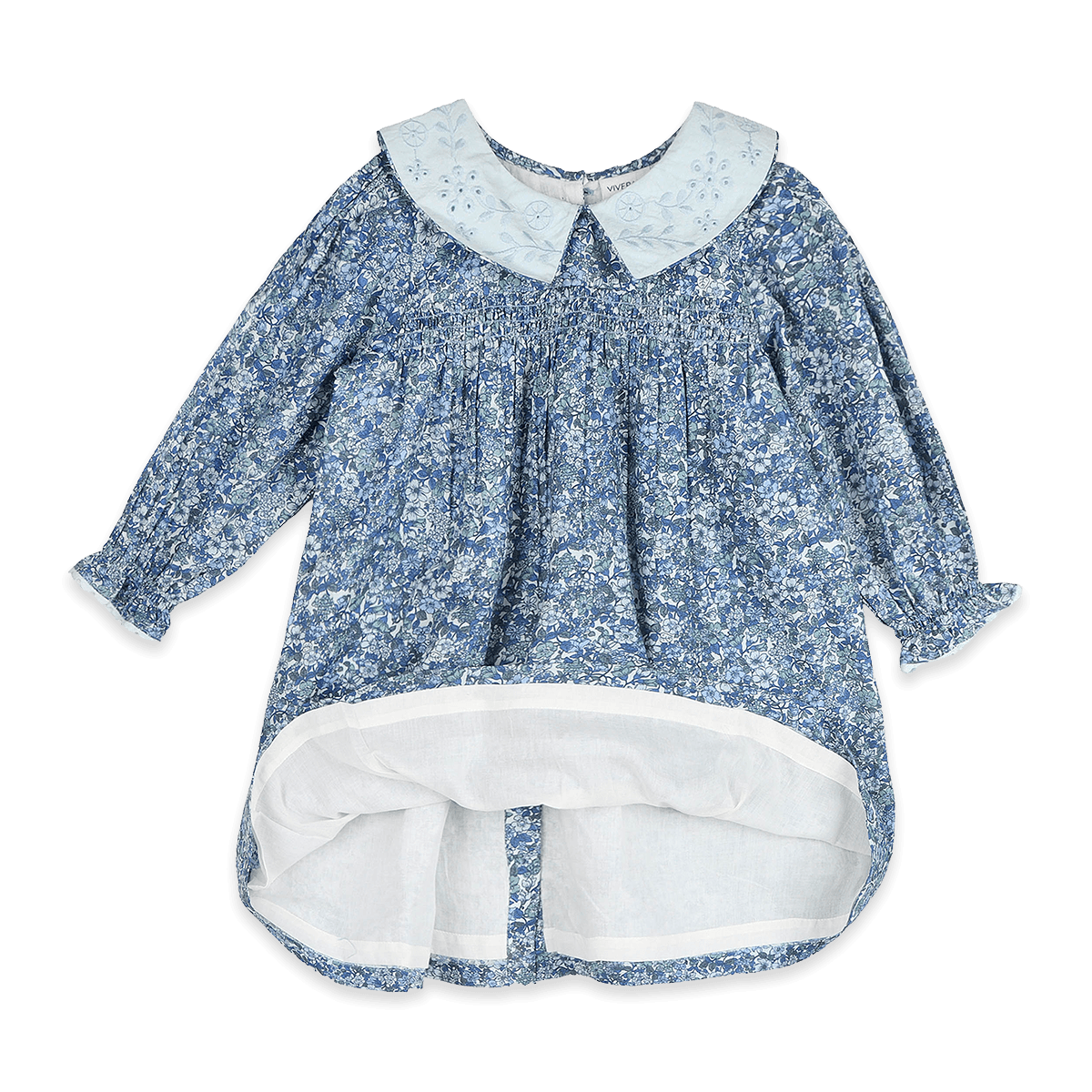Kate Embroidered Collar Girl Dress - Blue (Organic Cotton) - Voile Lining