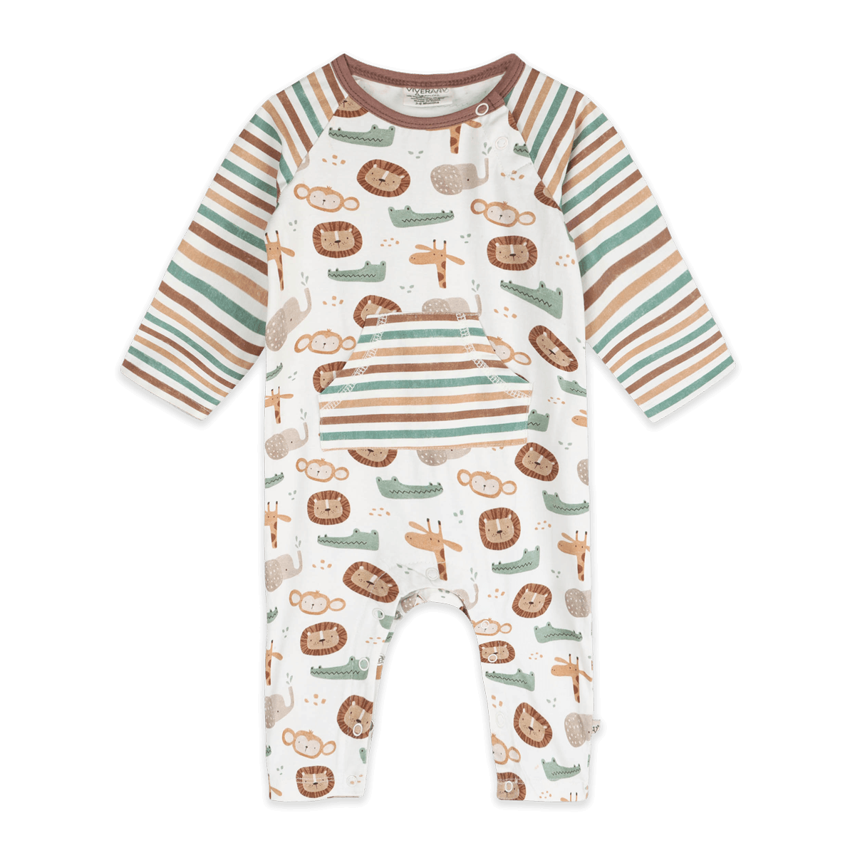 Safari Animals Kangaroo Pocket Baby Jumpsuit (Organic Jersey) - Front