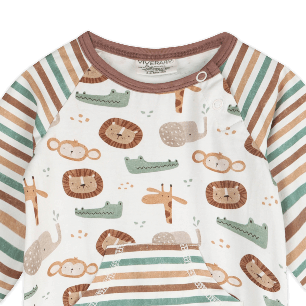 Safari Animals Kangaroo Pocket Baby Jumpsuit (Organic Jersey) - Detail