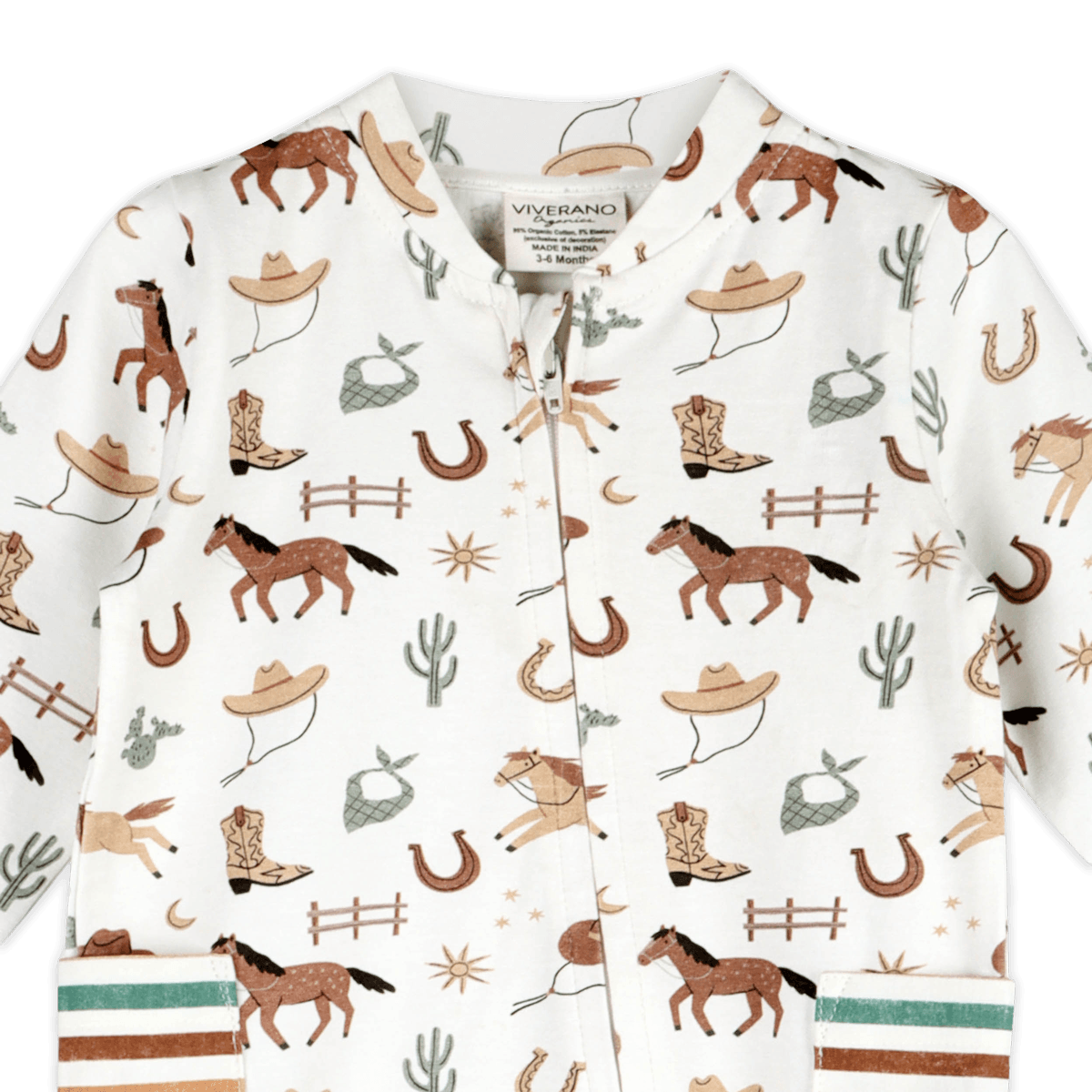 Howdy Horse Side Pocket Baby Zip Jumpsuit (Organic Jersey) - Detail