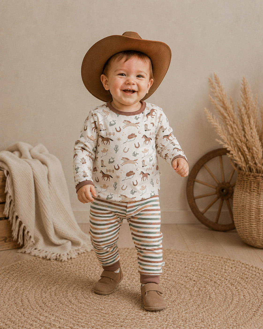 Baby Boy Wearing Howdy Horse Baby Tee and Jogger, Organic Jersey by Viverano