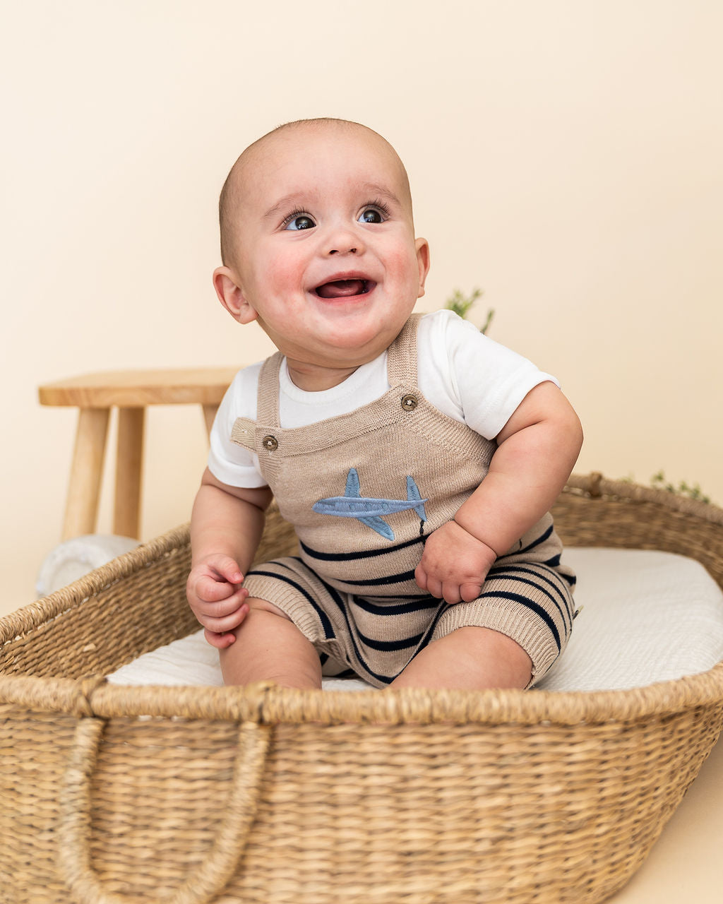Airplane Stripe Embroidered Baby Knit Romper Set (Organic Cotton) - Model