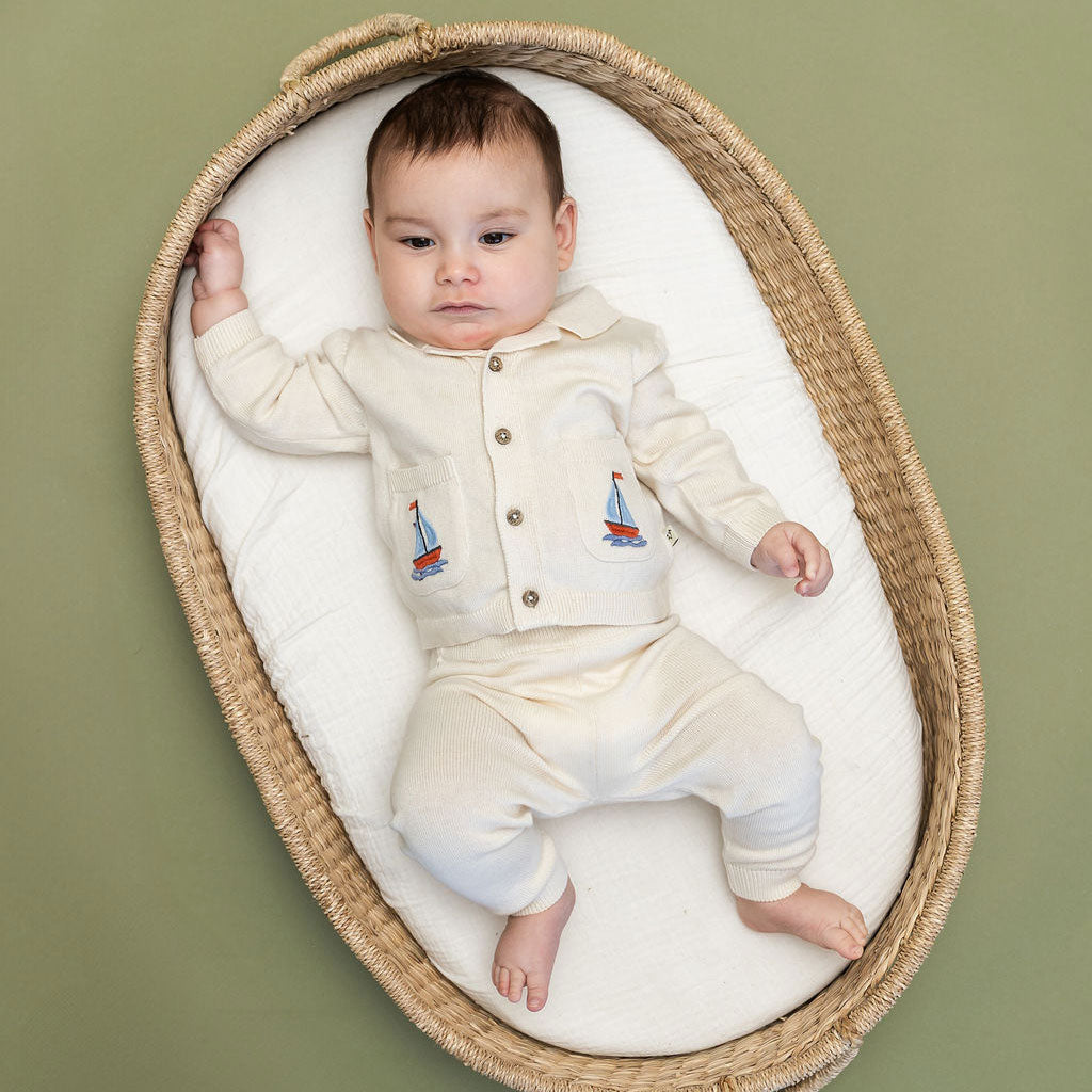 Sailboat Embroidered Pocket Baby Shirt & Pants Set (Organic Cotton) Model