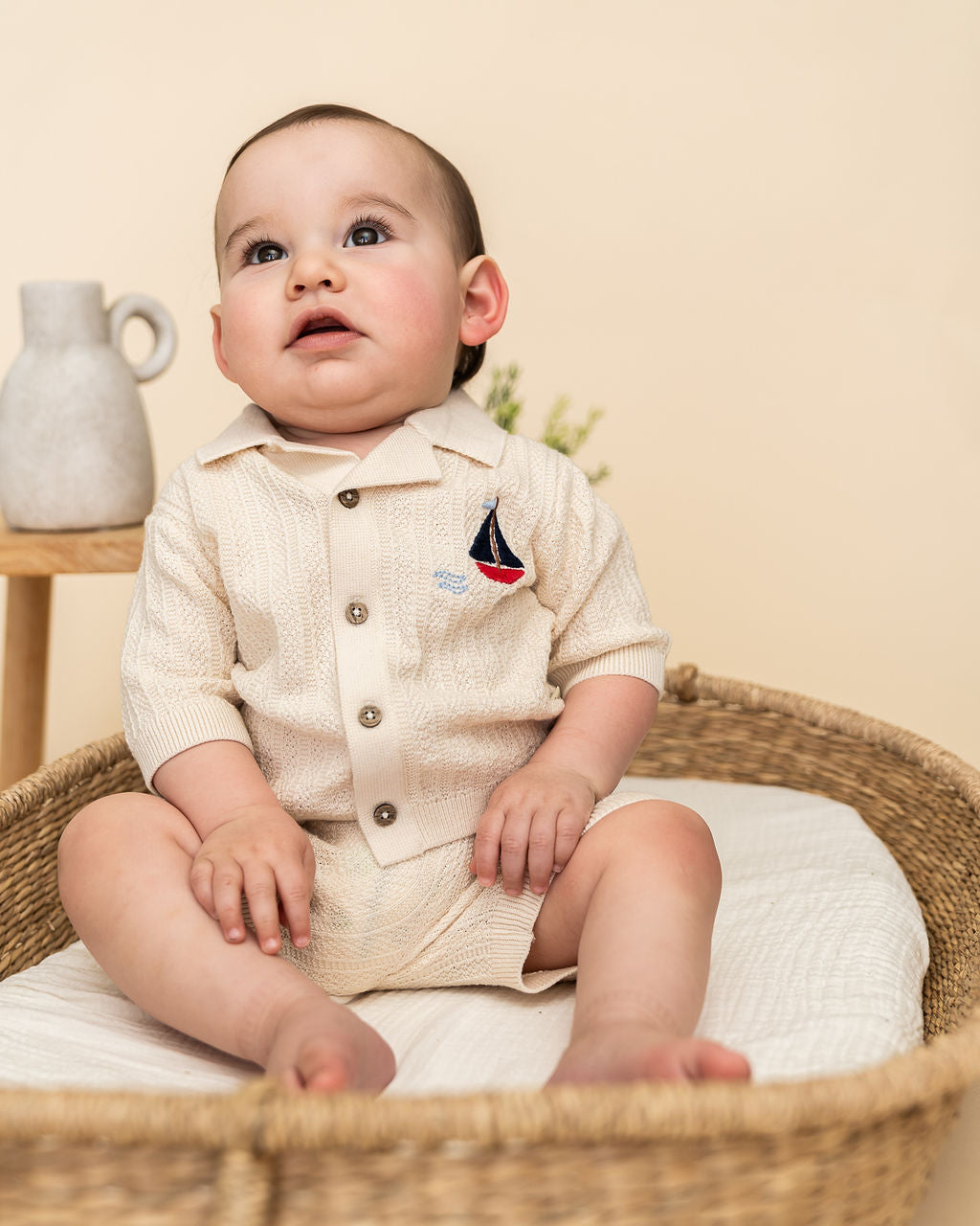 Sailboat Embroidered Baby Shirt & Shorts Set (Organic Cotton) - Model