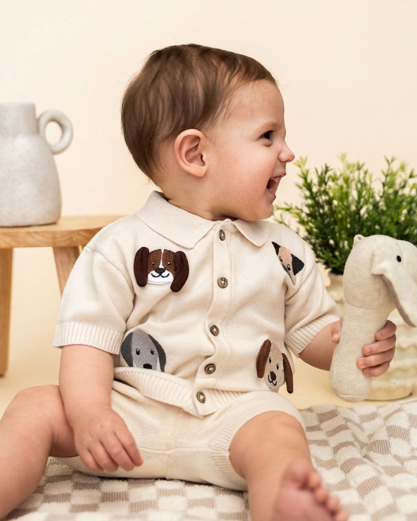 Doggy Embroidered Baby Shirt & Shorts Set (Organic Cotton) - Model