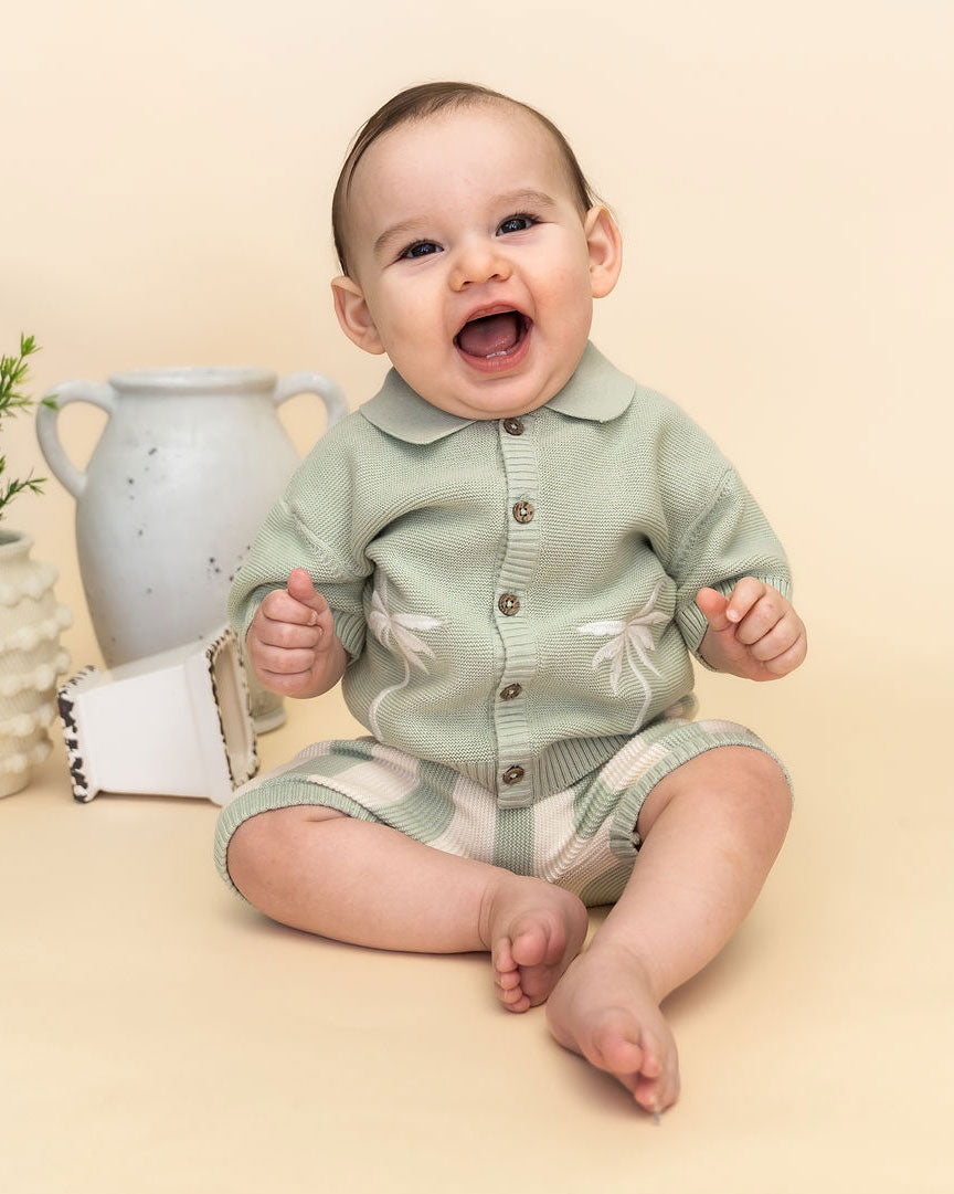 Palm Trees Embroidered Baby Sweater Shirt & Shorts Set (Organic Cotton) Model