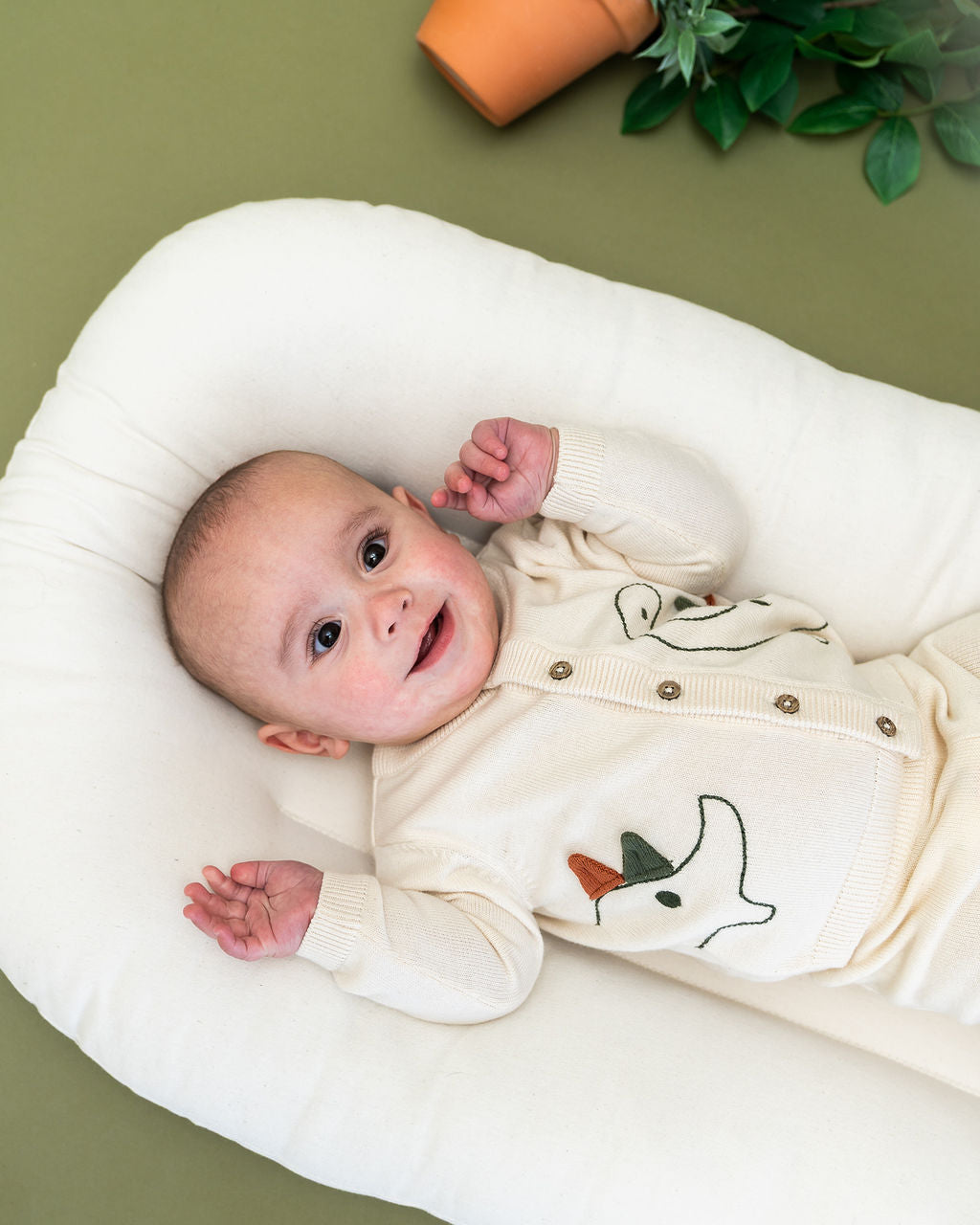 Dino 3D Embroidered Baby Knit Cardigan (Organic Cotton) - Model