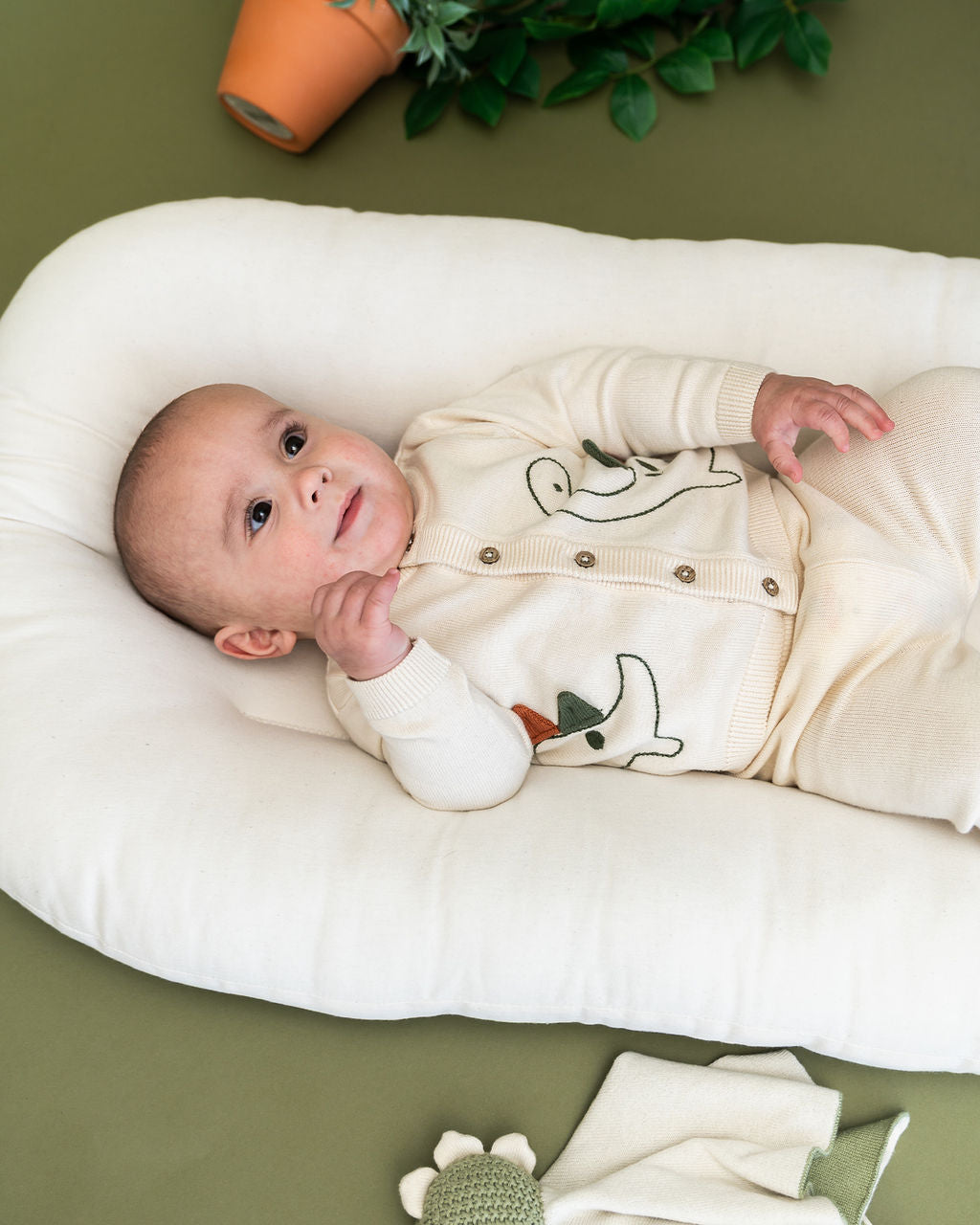 Dino 3D Embroidered Baby Knit Cardigan (Organic Cotton) - Model