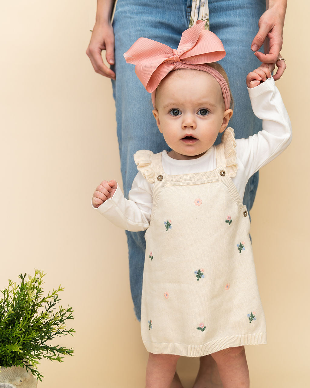 Floral Embroidered Baby Knit Tunic Dress Set (Organic Cotton) - Model