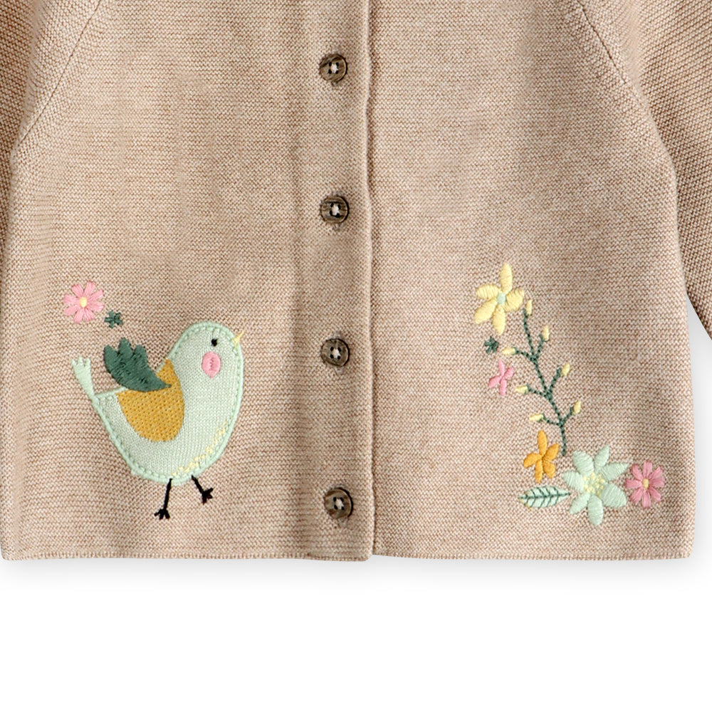 Bird Embroidered Baby Knit Cardigan Detail (Organic Cotton)