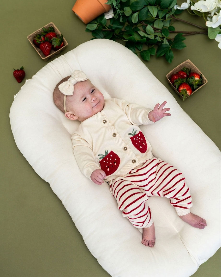 Strawberry Embroidered Pocket Baby Cardigan & Pants Set (Organic Cotton) - Model