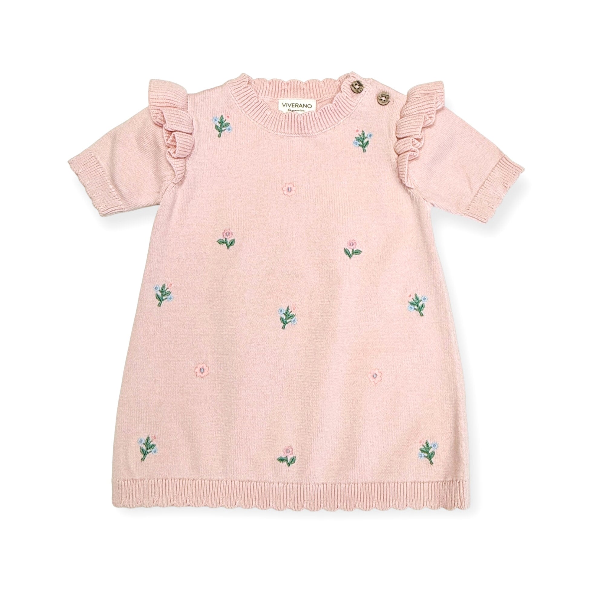 Floral Embroidered Short Sleeve Ruffle Dress (Organic Cotton)