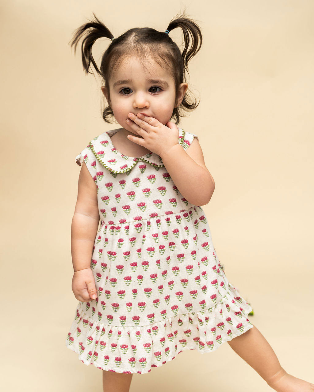 Mia Block Print Floral Baby Dress + Bloomer (Linen Blend) Model