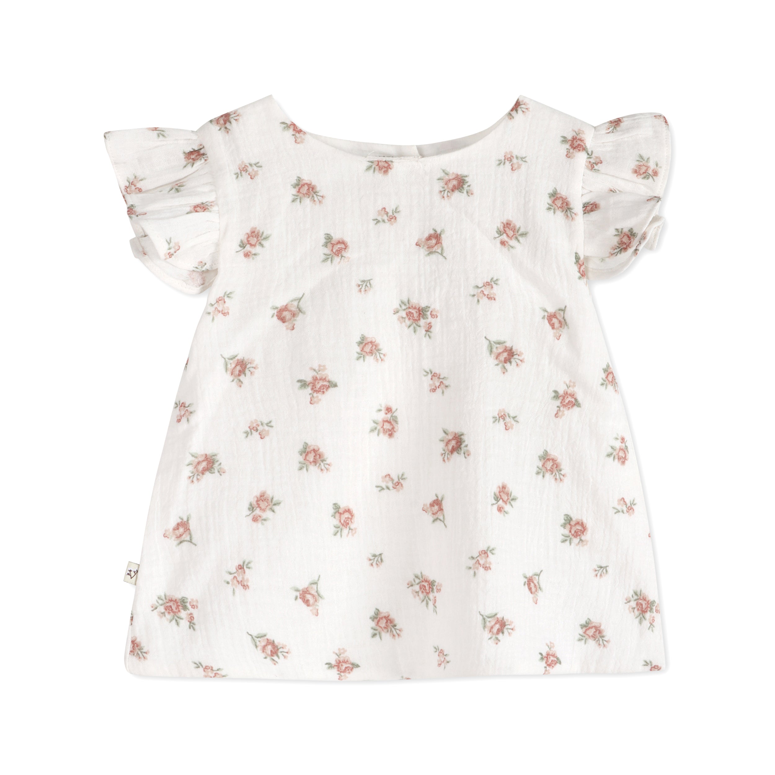 Tea Rose Floral Ruffle Sleeve Baby Top Front (Organic)