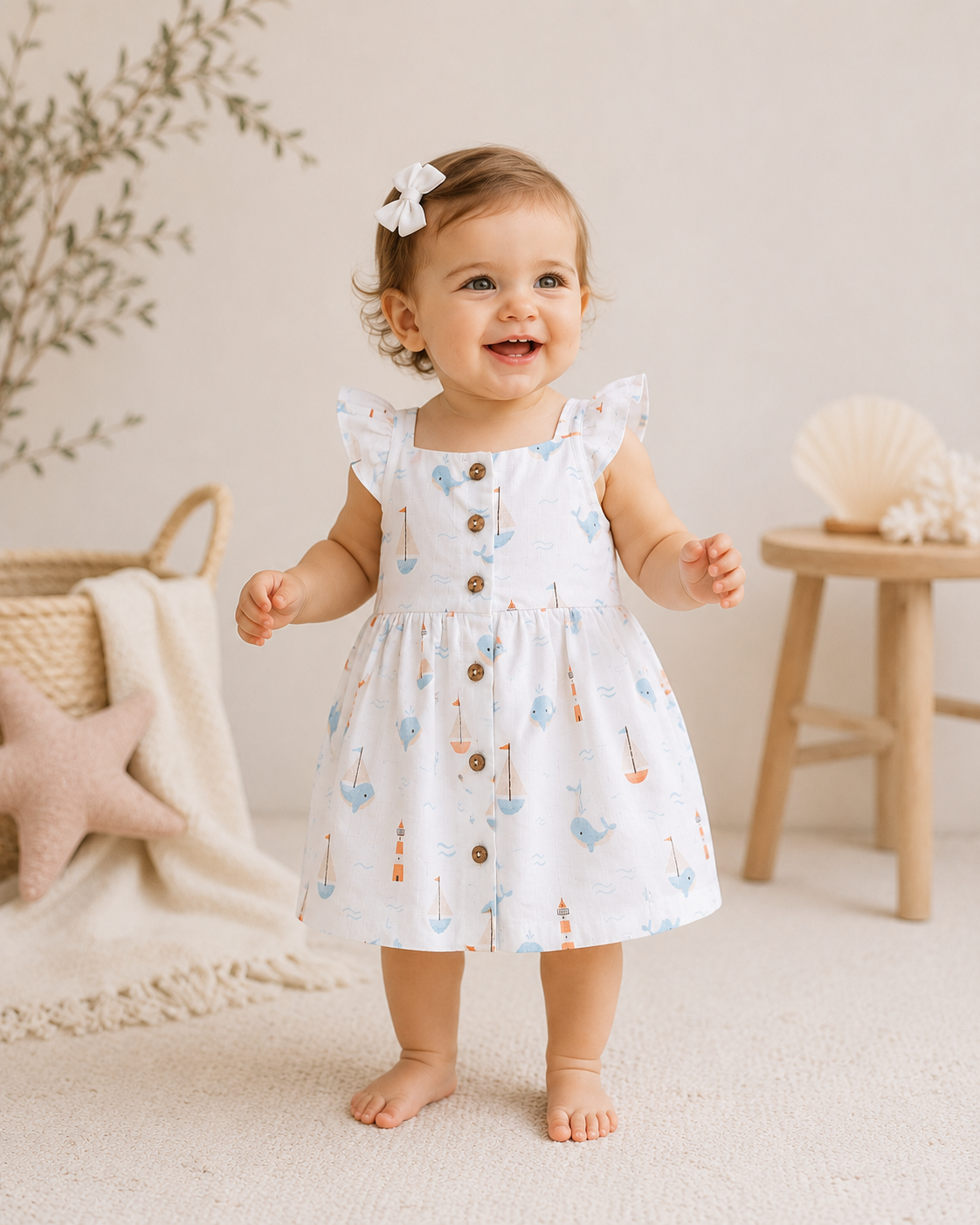Baby Wearing Sailboat Baby Dress and Bloomer, Organic Muslin by Viverano