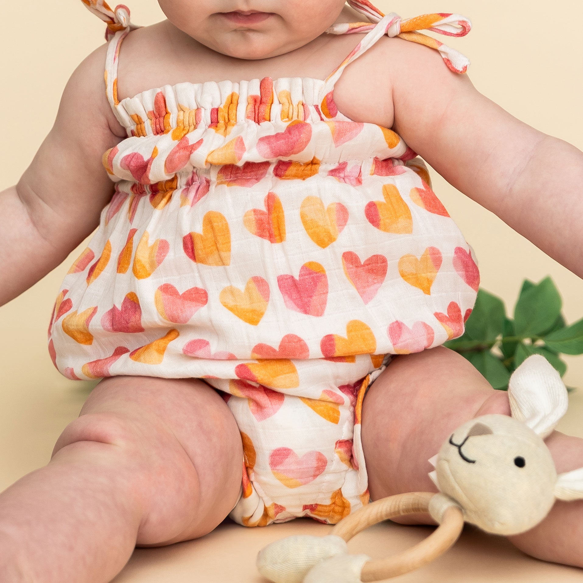 Hearts Shoulder Strap Baby Romper Texture Model (Organic Muslin)