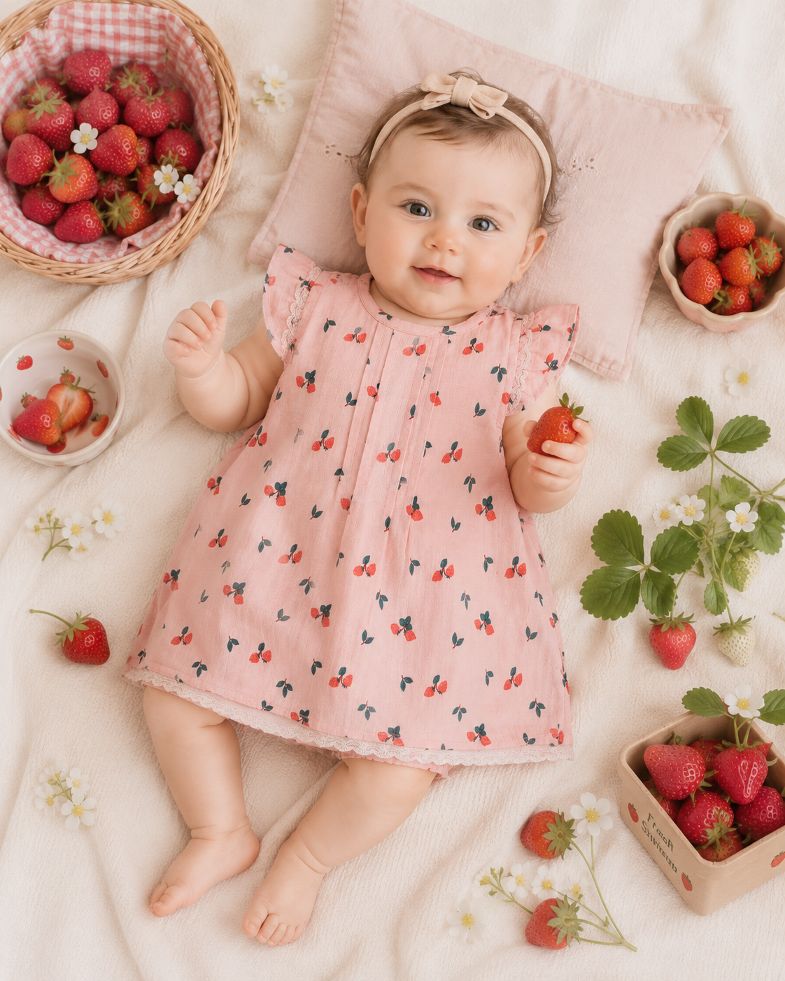 Baby Wearing Strawberry Baby Dress and Bloomer, Organic Muslin by Viverano