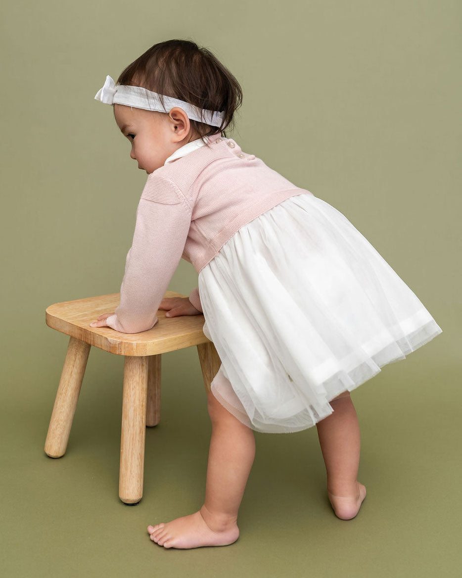 Milan Knit Baby Peter Pan Collar Tutu Dress (Organic Cotton) - Blush Model Back