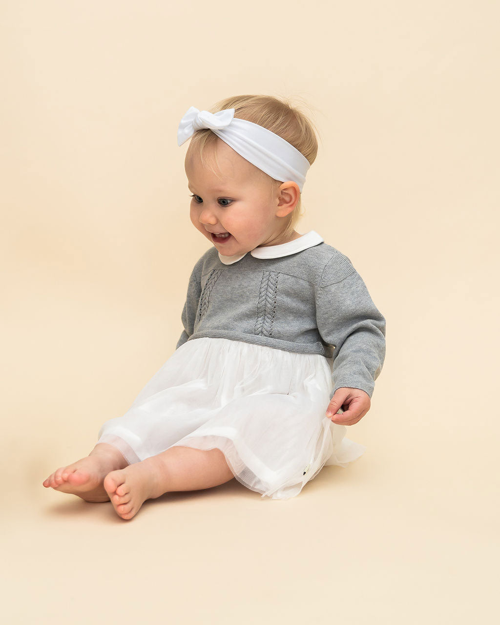Heather Grey Milan Knit Baby Peter Pan Collar Tutu Dress (Organic Cotton) - Model Sitting
