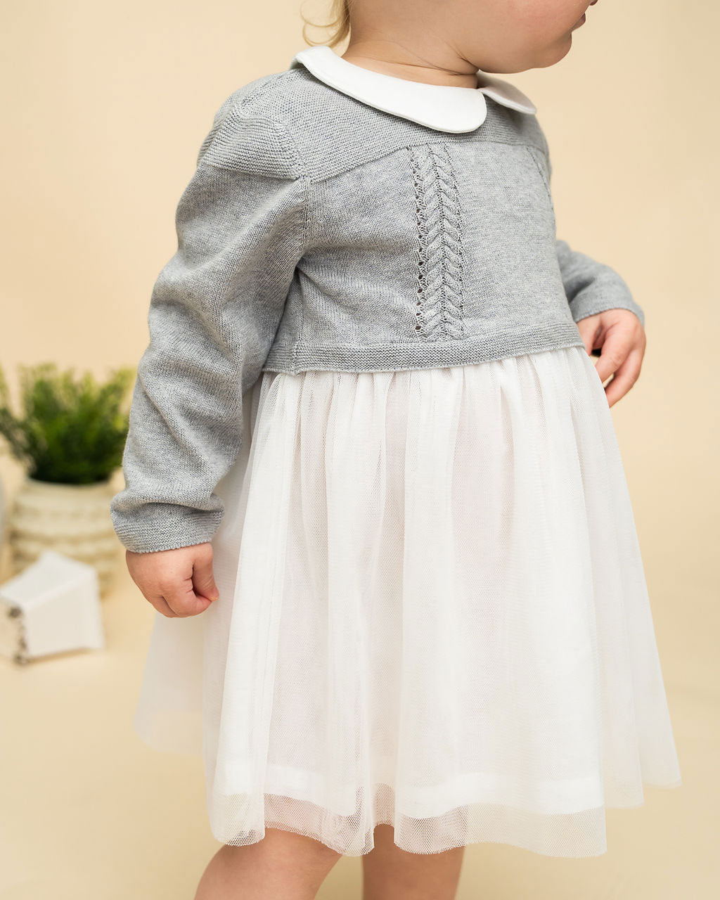 Milan Knit Baby Peter Pan Collar Tutu Dress (Organic Cotton) - Heather Grey Detail