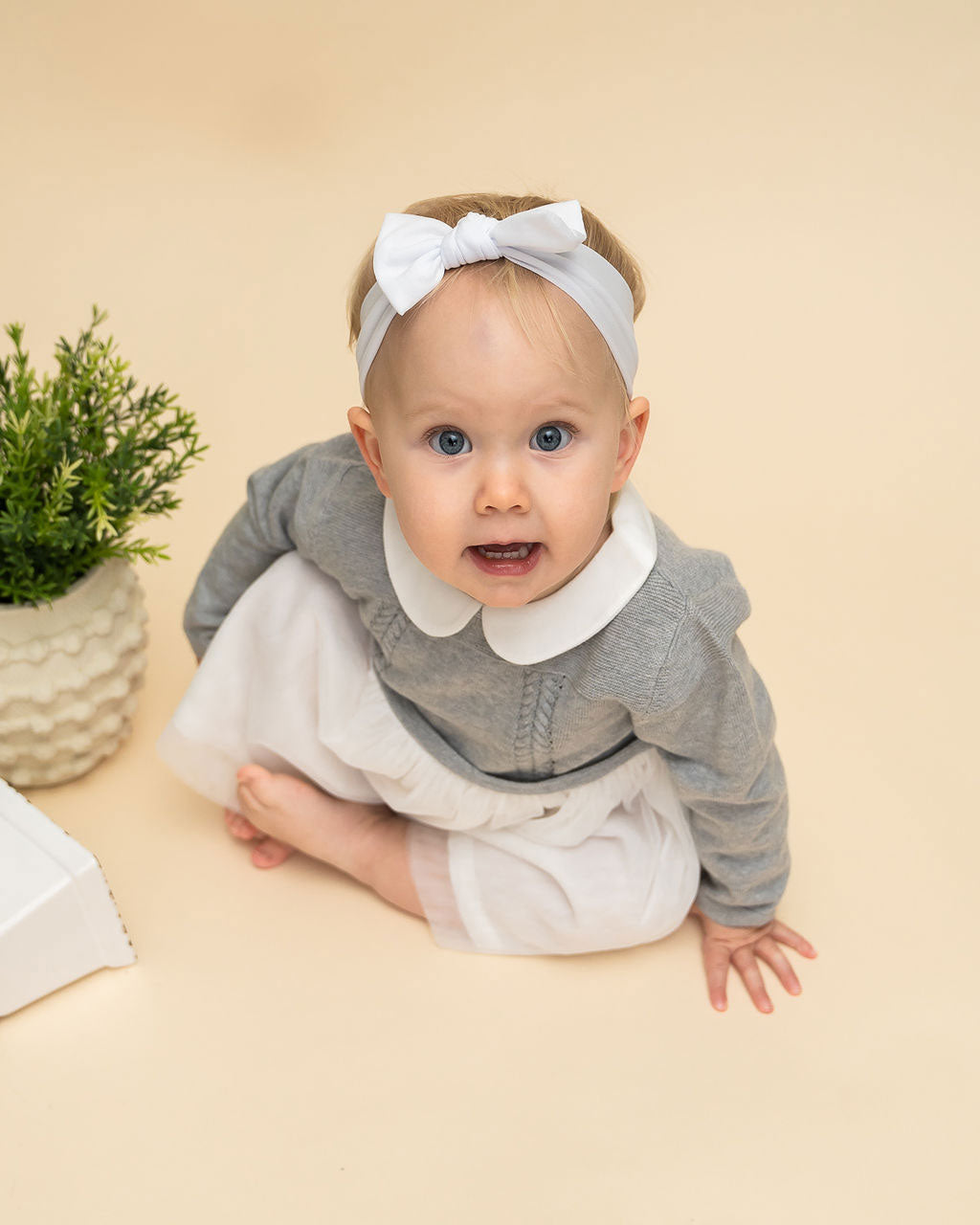 Heather Grey - Milan Knit Baby Peter Pan Collar Tutu Dress (Organic Cotton) - Model Sit