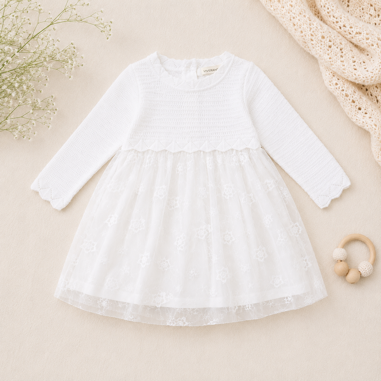 Milan Dove White Floral Embroidered Tutu Knit Baby Dress, Organic