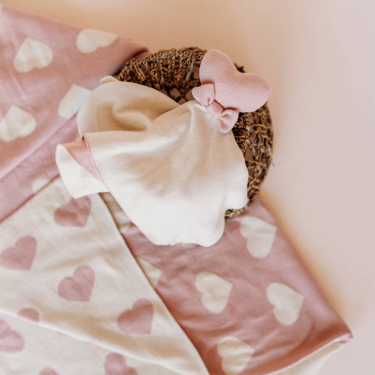 Hearts - Reversible Bi-Color Jacquard Sweater Knit Baby Blanket and Heart Lovey toy