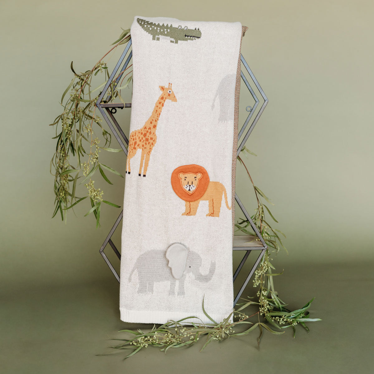Savannah Safari Animals - 3D Jacquard Sweater Knit Baby Blanket (Organic Cotton)
