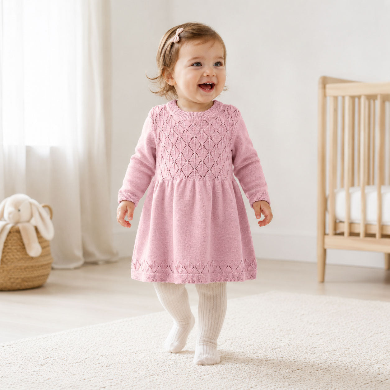 Baby girl wearing Milan Earthy Baby Pointelle Sweater Knit Dress (Organic Cotton)