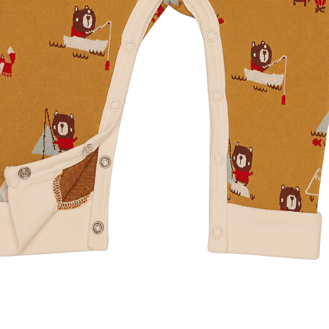 close up view of snap closures  on camping bear fox kangaroo jacquard baby jumpsuit