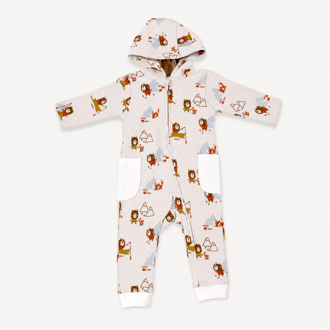 Camping Bear & Fox Jacquard Zipper Hoodie Jumpsuit  made with organic cotton