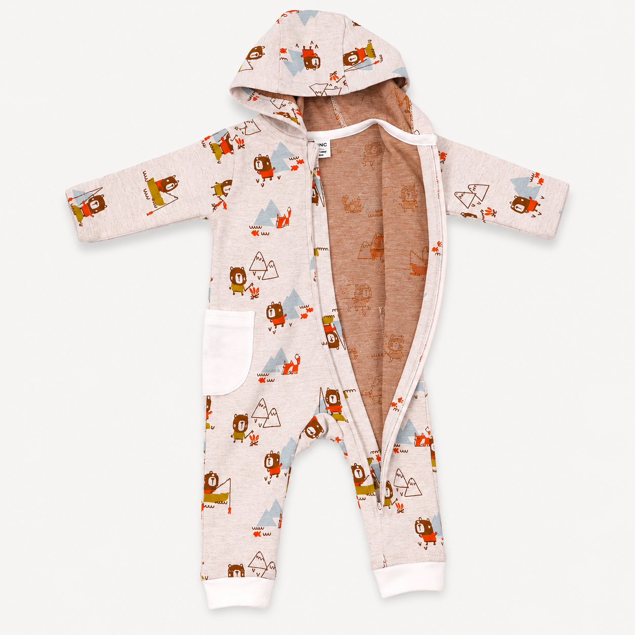 open version of Camping Bear & Fox Jacquard Zipper Hoodie Jumpsuit  made with organic cotton
