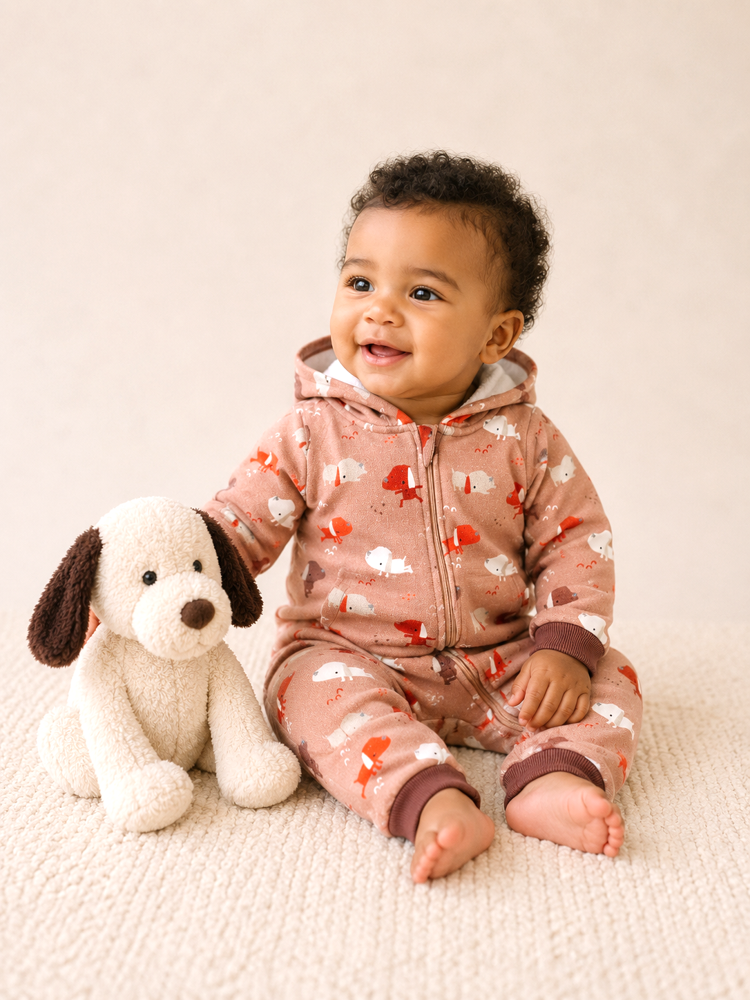 Baby Wearing Yoga Dog Baby Fleece Hooded Zipper Jumpsuit, Organic Cotton by Viverano