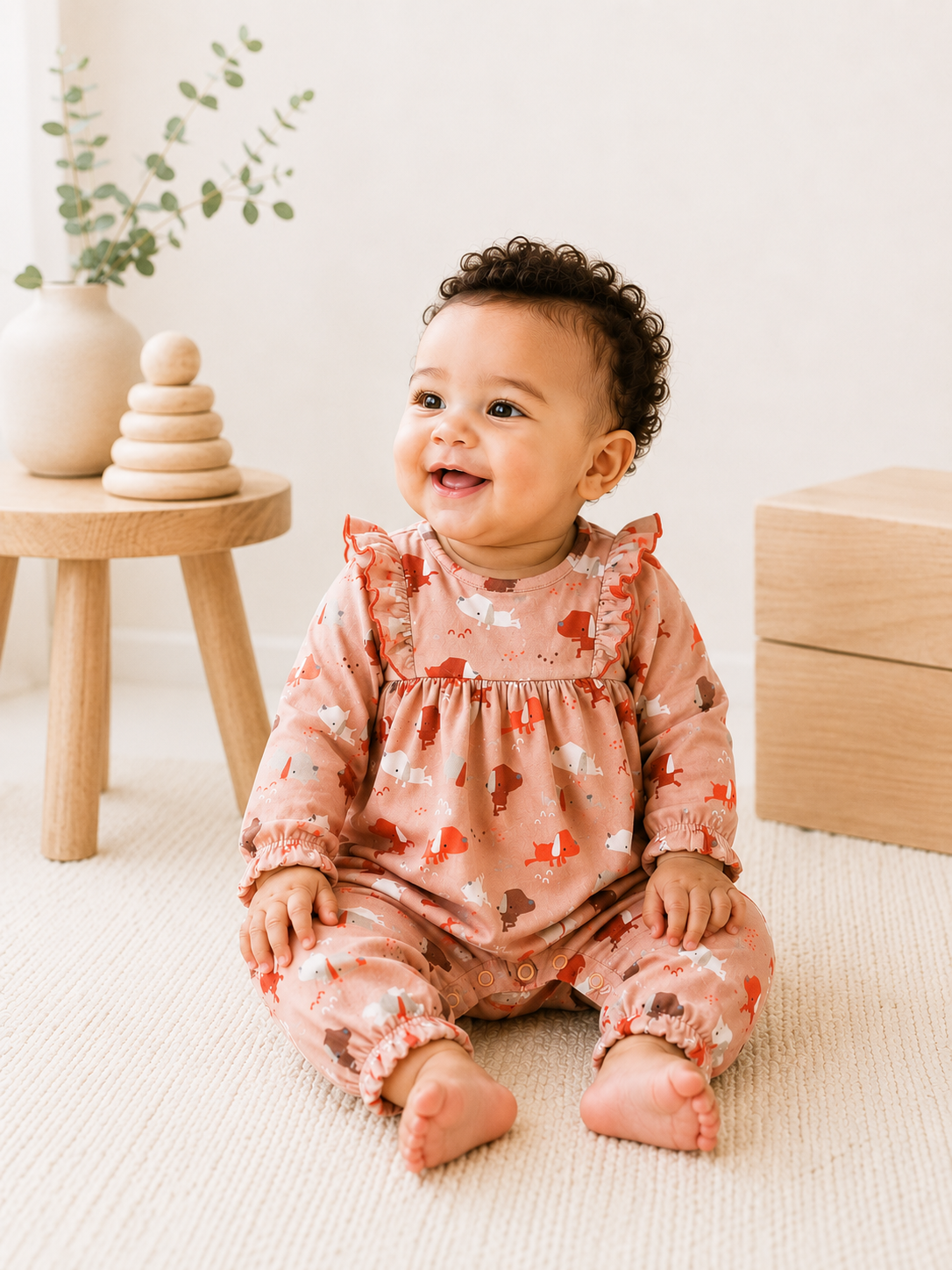 Baby Wearing Yoga Dog Baby Girl Ruffle Jumpsuit, Organic Cotton by Viverano
