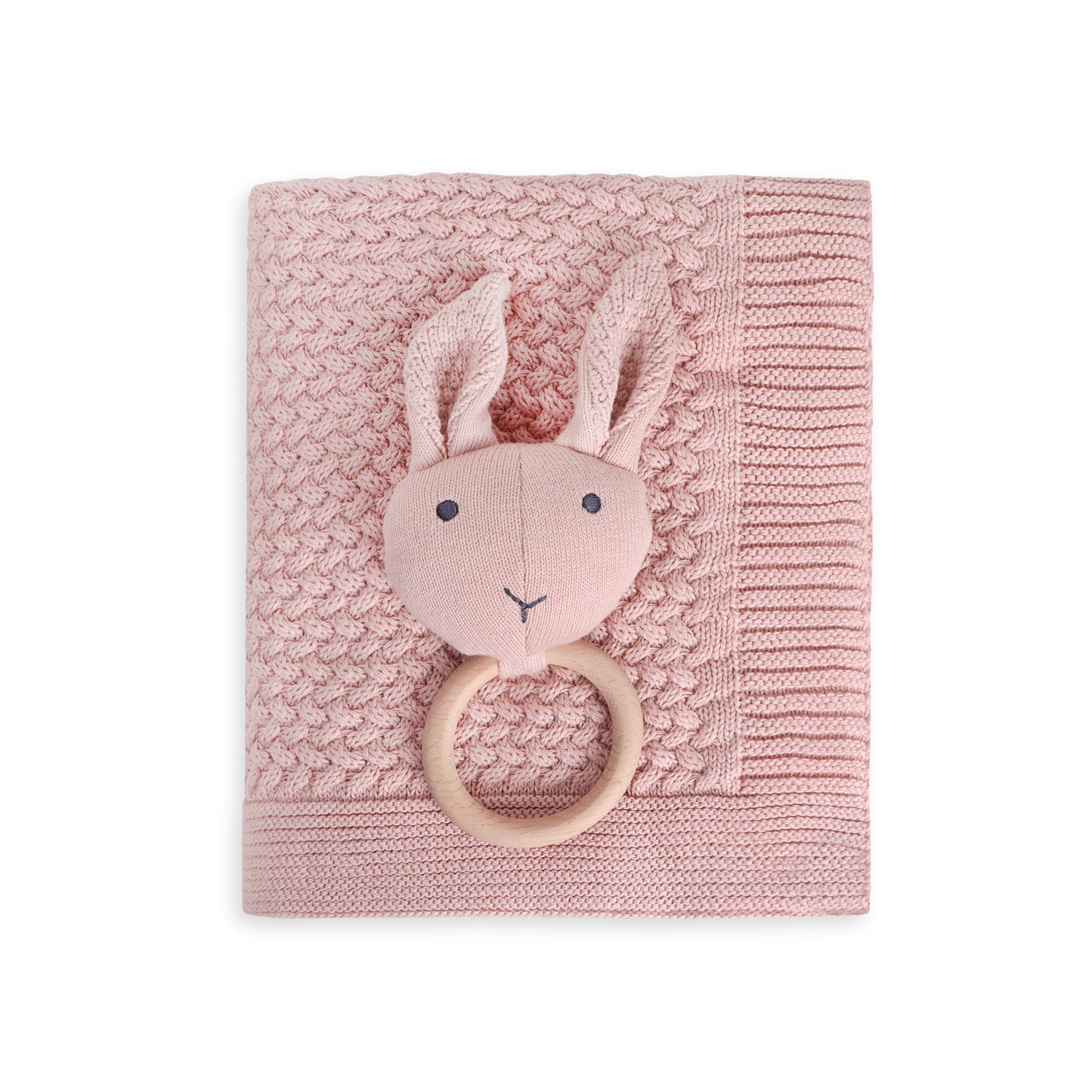 Classic Moss Knit Baby Blanket + Bunny Rattle Gift Set (Organic Cotton) 
